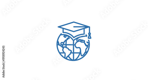 Global education emblem featuring a graduation cap over a world globe icon symbol