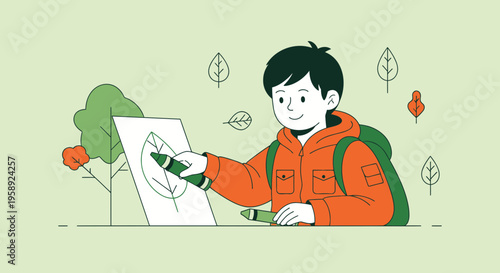 Creative Young Artist Sketching Nature Leaves Outdoors With Crayons