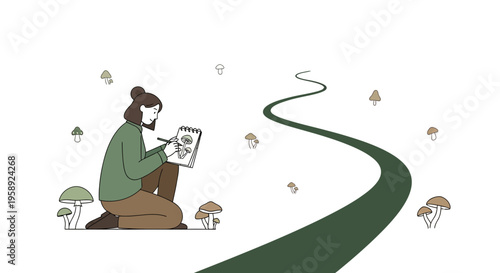 Creative Young Artist Sketches Forest Fungi Along Winding Path