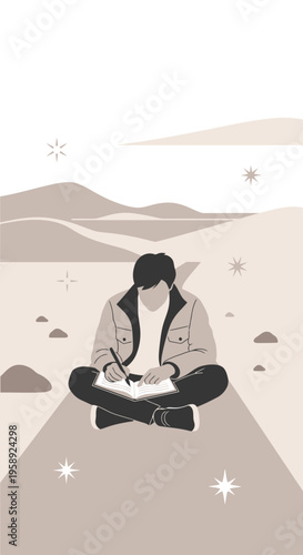 Creative Young Man Drawing In A Desert Landscape Under The Stars