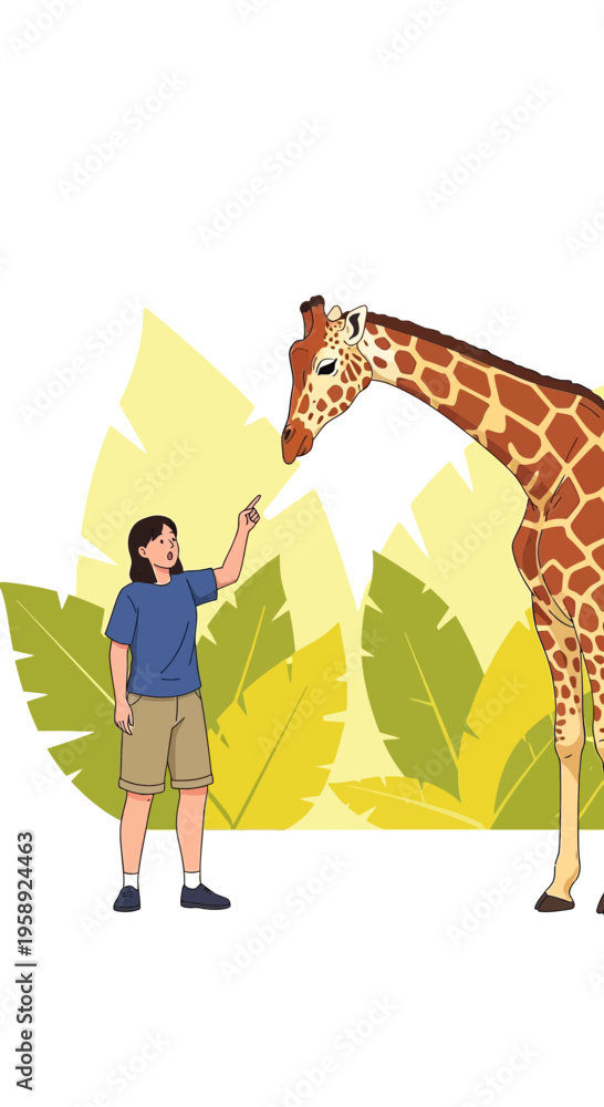 Fototapeta premium Curious Child Interacts With Gentle Giraffe Outdoors Amidst Foliage