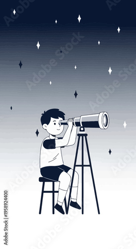 Curious Child Gazing Through Telescope At Starry Night Sky
