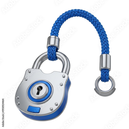 Modern silver padlock with blue braided rope cord isolated