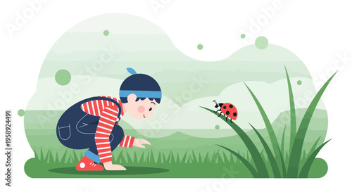 Curious Child Observes Ladybug In Lush Green Meadow Landscape