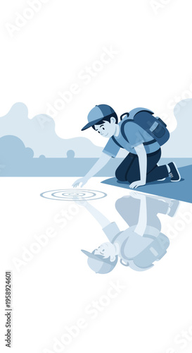 Curious Boy Discovering Ripples On A Serene Water Surface