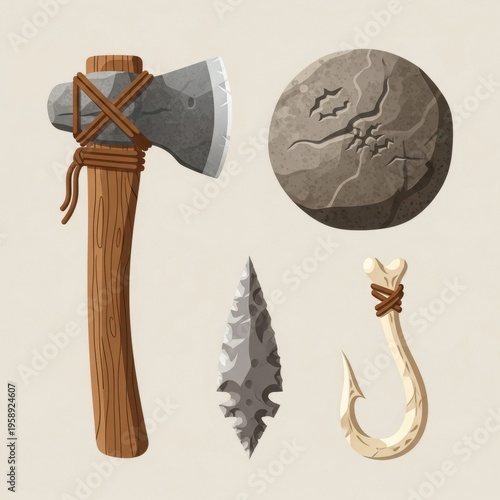 Primitive Tools - Axe, Stone, Arrowhead, and Fish Hook Illustration.