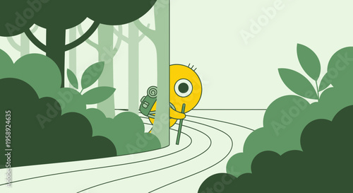 Curious Character Embarks On A Forest Adventure With Backpack And Stick