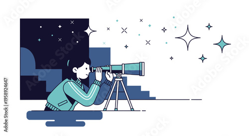 Curious Explorer Gazing Through Telescope At Starry Night Sky