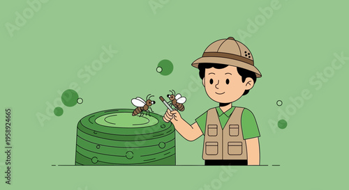 Curious Explorer Interacts With Fascinating Insects In A Captivating Illustration