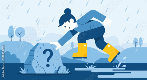 Curious Explorer Investigates Enigmatic Rock During Downpour