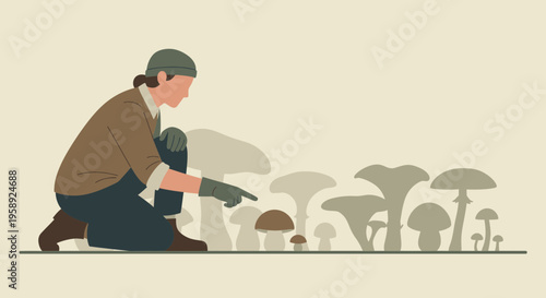 Curious Explorer Investigates Various Mushroom Silhouettes