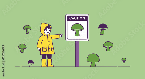 Curious Child Discovers Forest Fungi Near Caution Sign