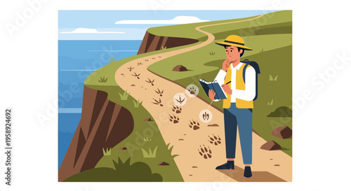 Curious Explorer Investigating Wildlife Tracks Along Coastal Path