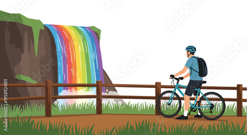 Cyclist Admires A Majestic Rainbow Waterfall Scenic Outdoor Adventure