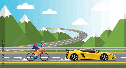 Cyclist And Sports Car Race Through Mountain Pass