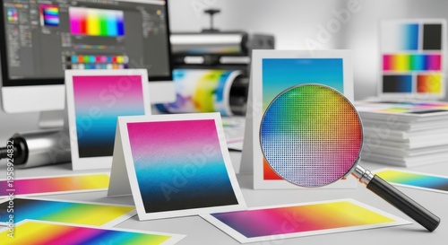 Printing process with color cards and magnifying glass for quality control.