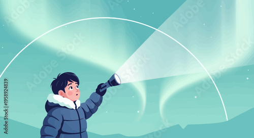 Curious Child Explores The Majestic Northern Lights With A Flashlight