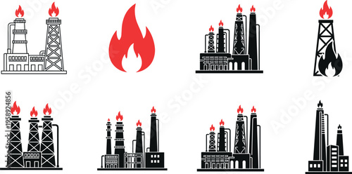 Oil refinery and industrial plant silhouettes with burning gas flare icons isolated on light background flat vector set for energy production and petrochemical industry design