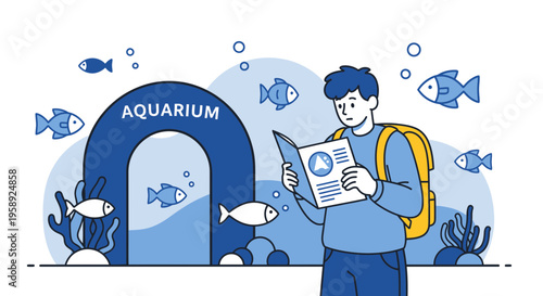 Curious Tourist Explores Aquarium Exhibits With Informative Brochure