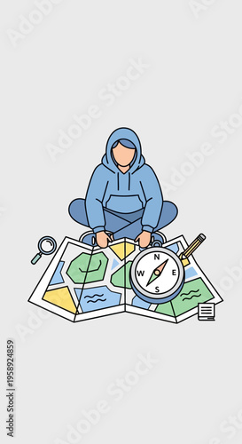 Curious Traveler Studying Complex Map With Compass And Magnifying Glass