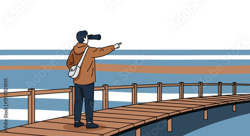 Curious Traveler Observing Distant Horizons Through Binoculars on a Boardwalk