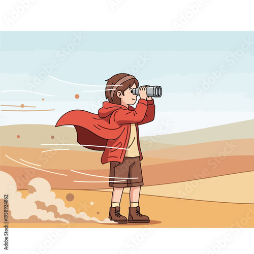 Curious Child Exploring Desert Sands With Spyglass Seeking Adventure