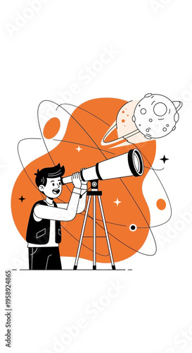 Curious Child Explores The Cosmos With A Telescope Illustration