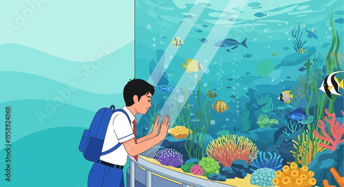 Curious Student Observing Vibrant Aquarium Life And Colorful Coral Reefs