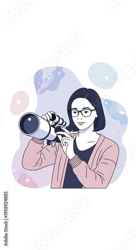 Curious Woman Gazing Through Telescope Observing Stars Celestial Wonders