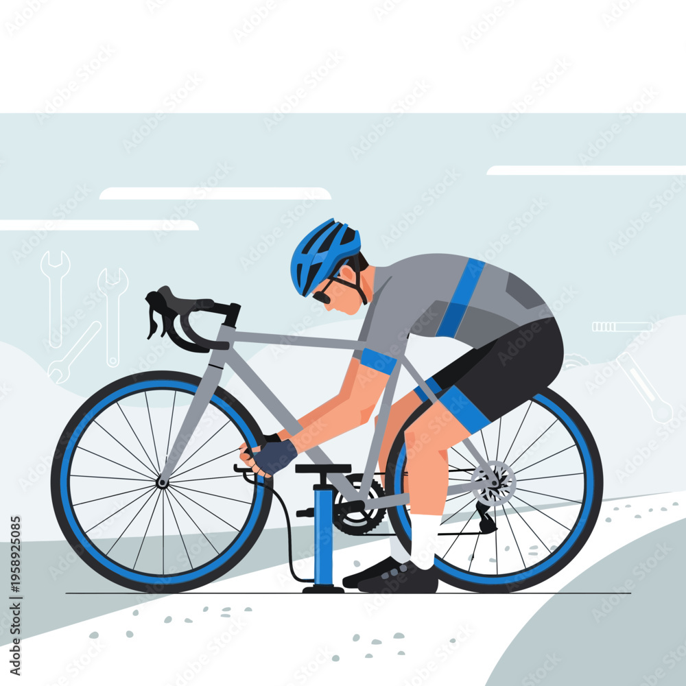 Naklejka premium Cyclist Inflating Tire With Pump On Outdoor Path