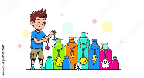 Cute Boy Decorating Colorful Bottles with Fun Charms and Keychains