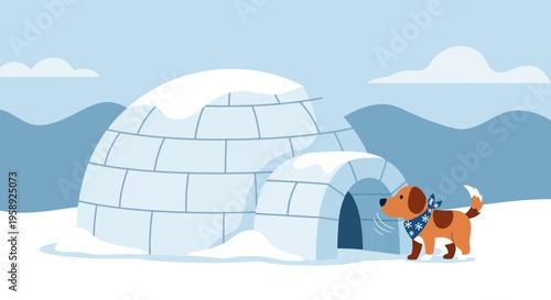 Cute Dog Beside Snowy Igloo in Arctic Landscape