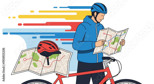 Cyclist Navigating With Map And Bicycle Expedition Planning