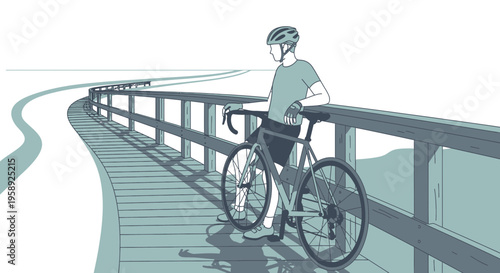 Cyclist Pauses on Wooden Boardwalk Overlooking Scenic Route