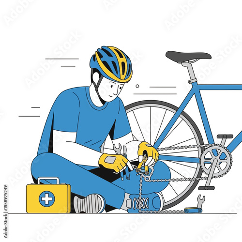 Cyclist Performing Bicycle Maintenance With Tool Kit And Bike Repair