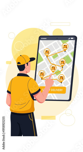 Delivery Person Navigates Digital Map On Smartphone For Efficient Route Planning