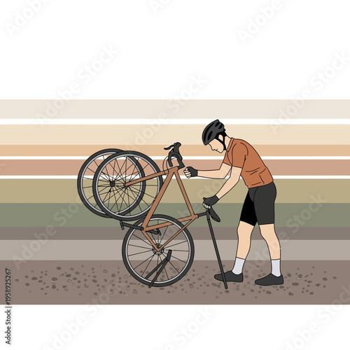 Cyclist Performing Roadside Bicycle Maintenance Under Striking Hues