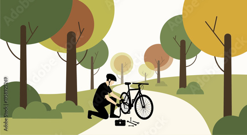 Cyclist Performing Maintenance On Bicycle Trail Amidst Autumnal Trees