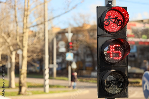 View of red bicycle traffic...