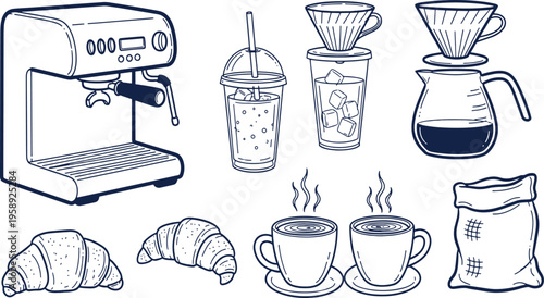 Collection of cafe icons featuring espresso machine pour over drippers croissants and takeaway cups hand drawn vector illustration doodle art