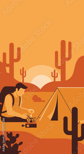 Desert Adventure Camping Sunset Cooking Serenity Minimalist Outdoor Exploration