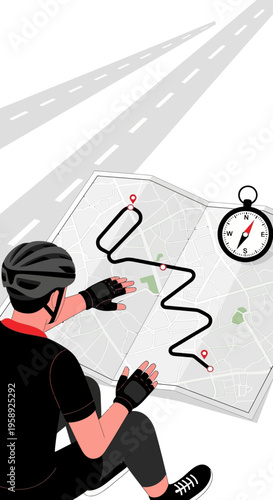 Cyclist Planning Route On Map With Compass Adventure Navigation