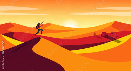 Desert Adventure Journey Of A Lone Explorer At Sunrise