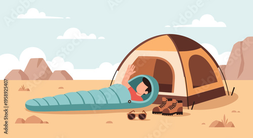 Desert Camping Adventure With A Person Sleeping In A Tent Under Open Sky