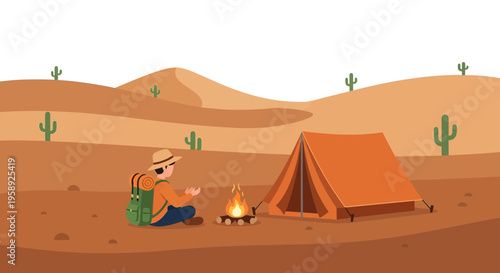 Desert Camping Scene With A Lone Traveler And Campfire