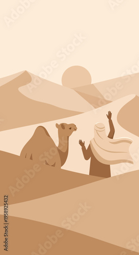 Desert Caravan Journey Under a Setting Sun With Traveler And Camel