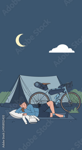 Cyclist Resting Under Crescent Moon Beside Bicycle and Tent