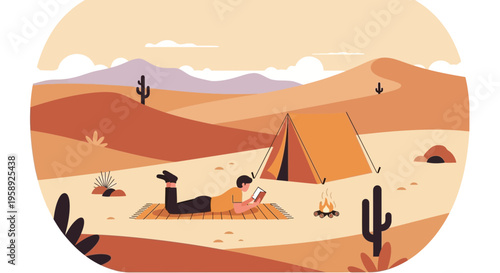 Desert Camping Tranquility Man Reads Beside Tent And Campfire Under Vast Skies