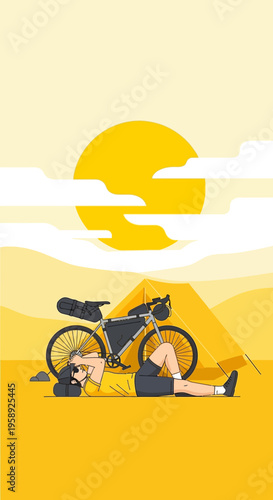 Cyclist Resting During Sunrise Adventure Scenic Desert Trekking Journey