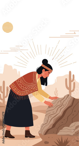 Desert Dweller Engages With Ancient Rock Formation Under Radiant Sun